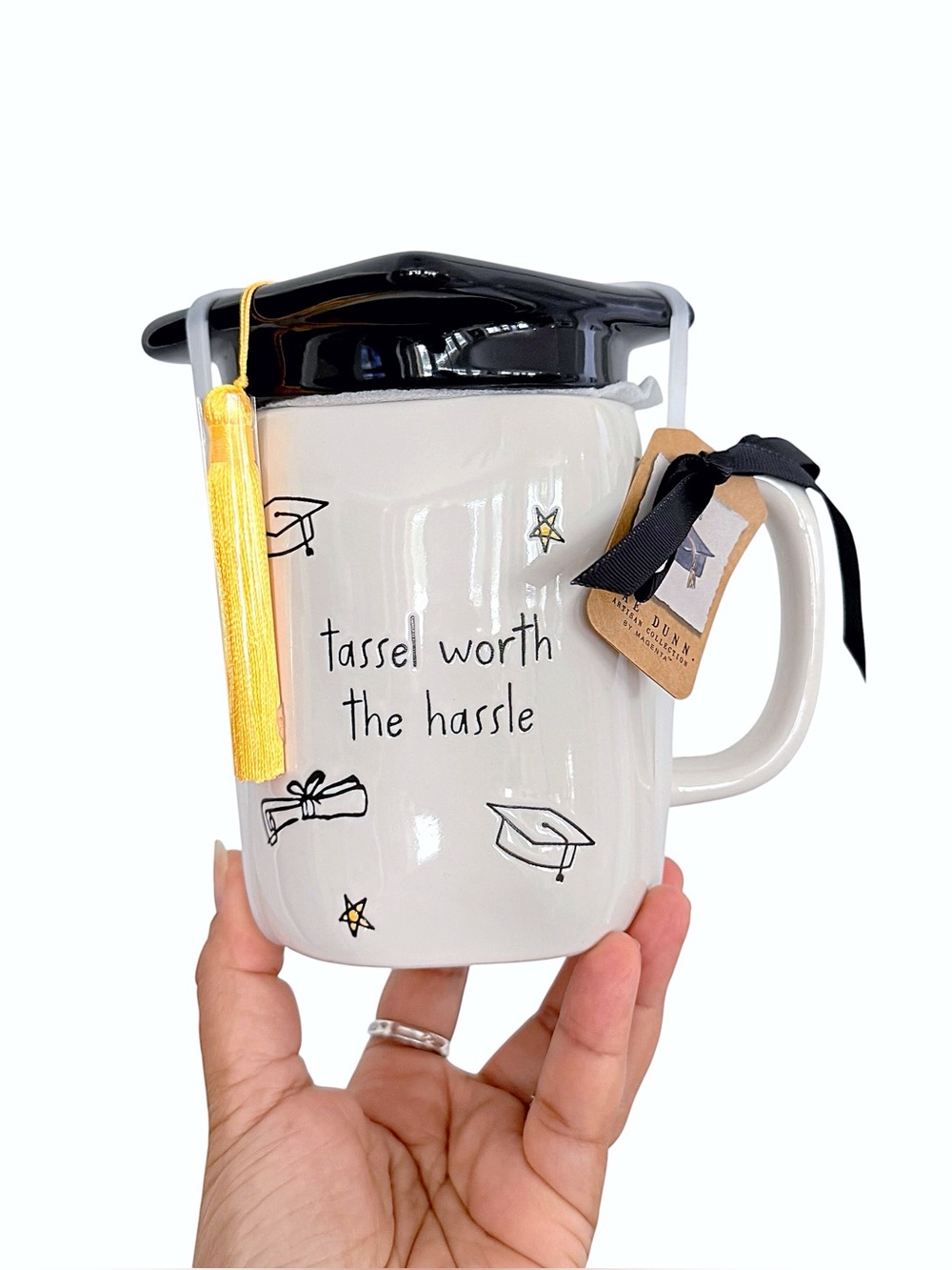 Rae Dunn Graduation Tassel Worth The Hassle White Ceramic Mug Black Cap Lid